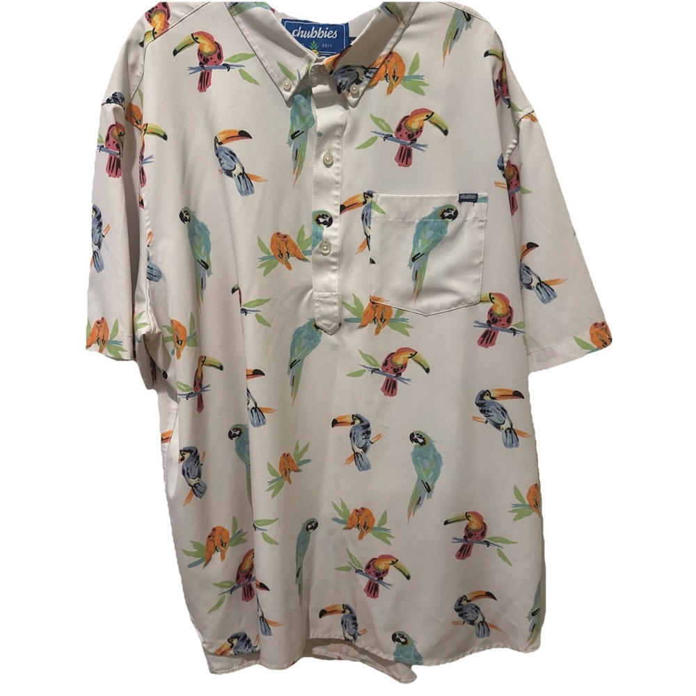 Chubbies Popover Polo Shirt Mens XL Dude Where's Macaw Parrot Tropical Birds